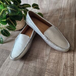 Peter Millar Driving Loafers in Silver Metallic Full-Grain Leather Size 8